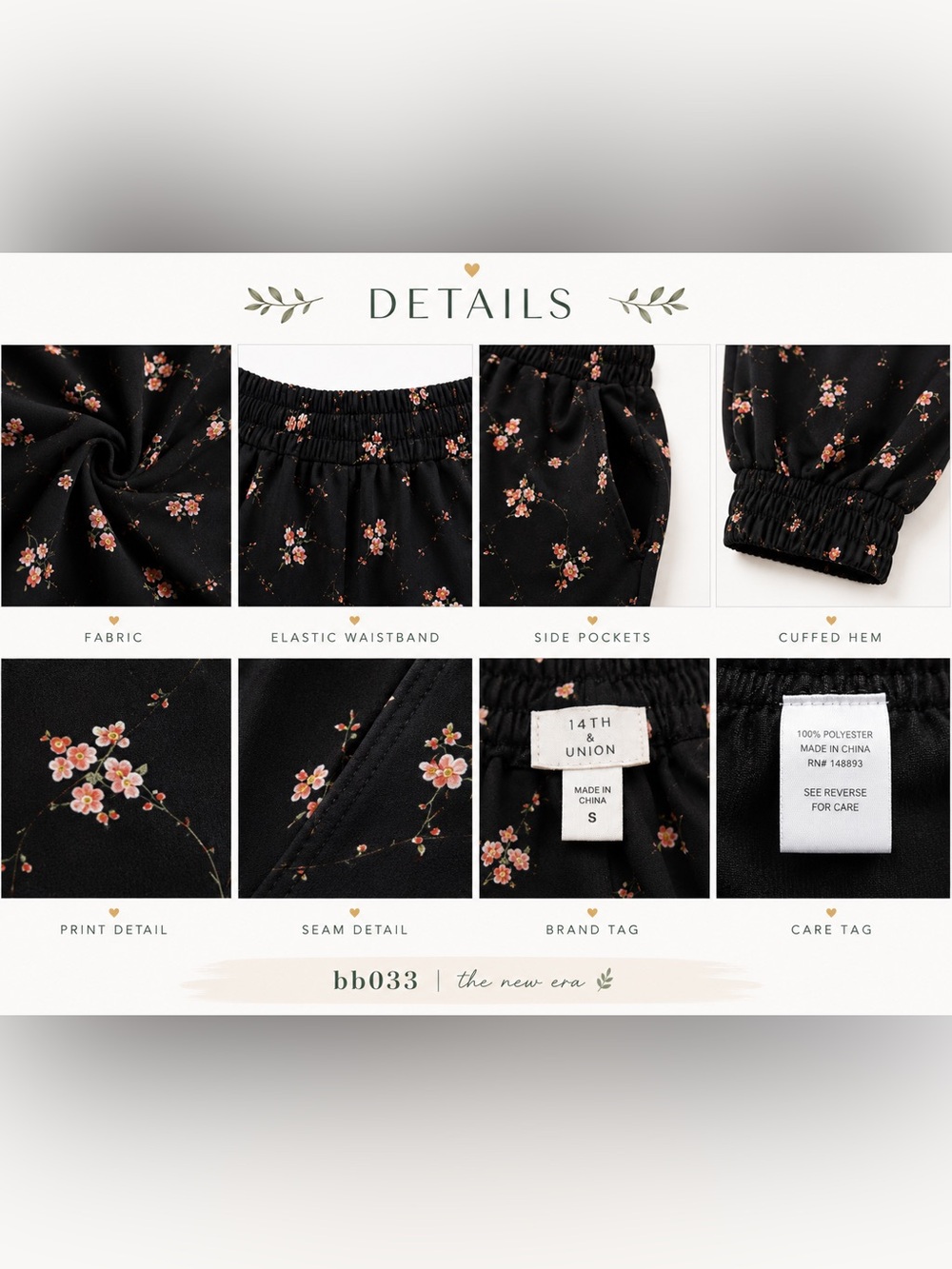 14th & Union Black Floral Jogger Pants | Floral Print | Side Pockets | Size L - Picture 7 of 8